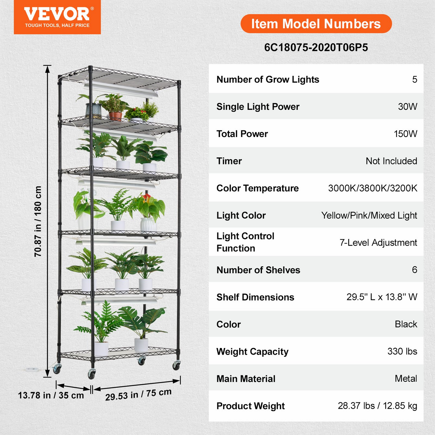 VEVOR 6-Tier Plant Stand with Grow Lights, 120W, 70.9" Tall Shelf for Indoor Gardening