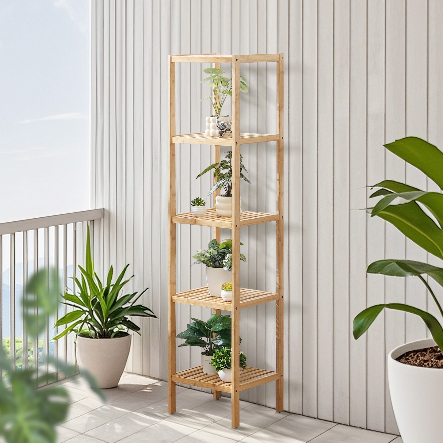 5-Tier Bamboo Ladder Corner Bookshelf - Narrow Shelf Plant Stand