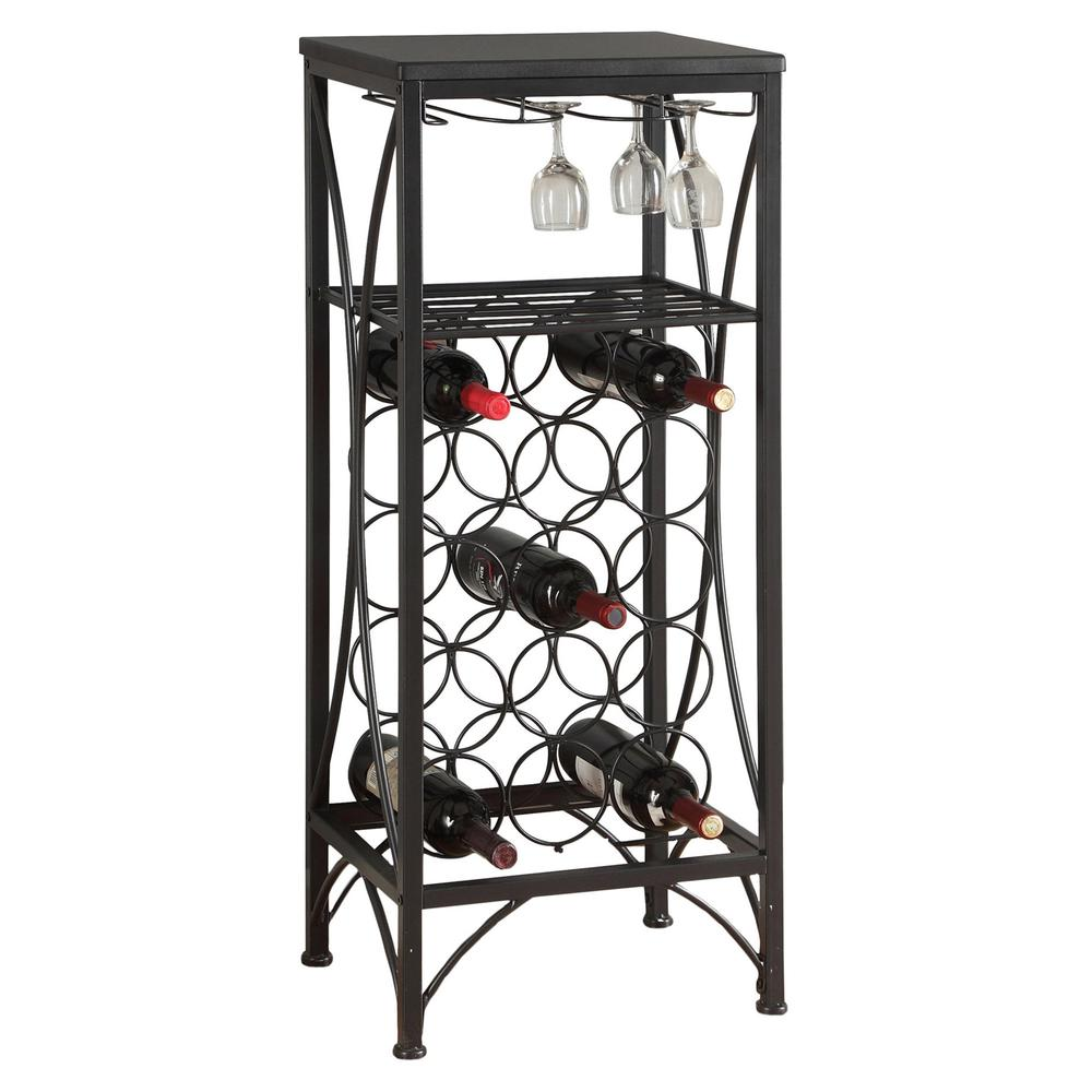 Elegant Home Bar Wine Rack - Black Metal, Transitional Style | Holds 15 Bottles & 6 Glasses