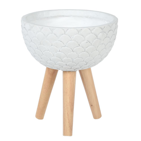 LuxenHome Scallop Embossed White Round Planter with Wood Legs - 12.2 in.