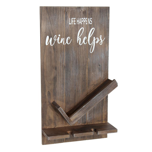 Lucca Wall Mounted Wooden “Life Happens Wine Helps” Wine Bottle Shelf - Rustic Farmhouse Decor for Kitchen or Bar