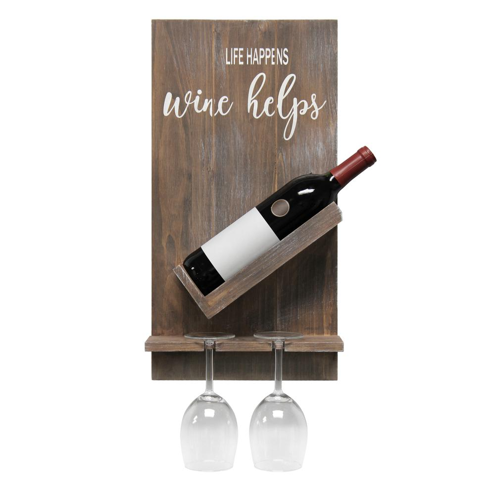 Lucca Wall Mounted Wooden “Life Happens Wine Helps” Wine Bottle Shelf - Rustic Farmhouse Decor for Kitchen or Bar