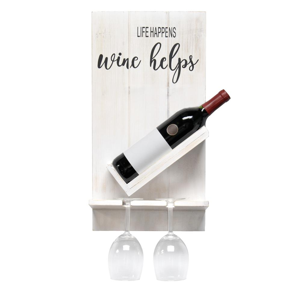 Lucca Wall Mounted Wooden Wine Bottle Shelf - "Life Happens Wine Helps" Rustic Decor