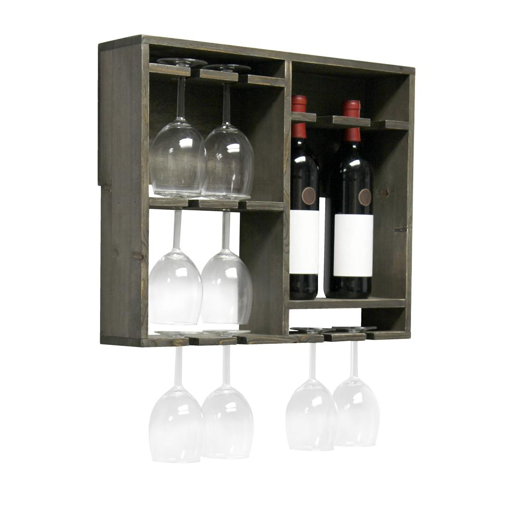 Bartow Wall Mounted Wood Wine Rack Shelf with Glass Holder, Rustic Gray - Farmhouse Style