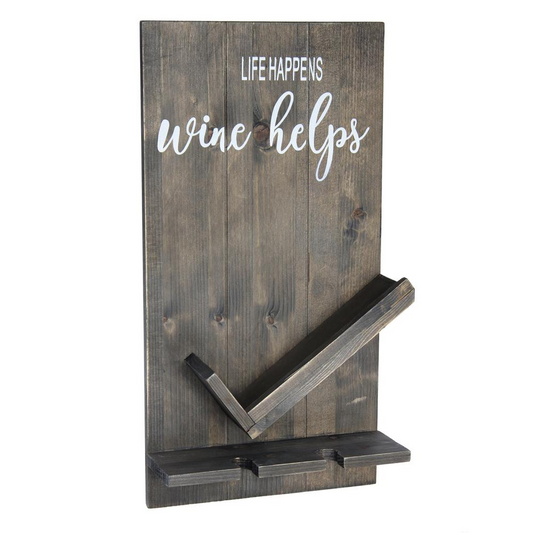 Lucca Wall Mounted Wooden Wine Bottle Shelf | Rustic Farmhouse Style | "Life Happens Wine Helps"