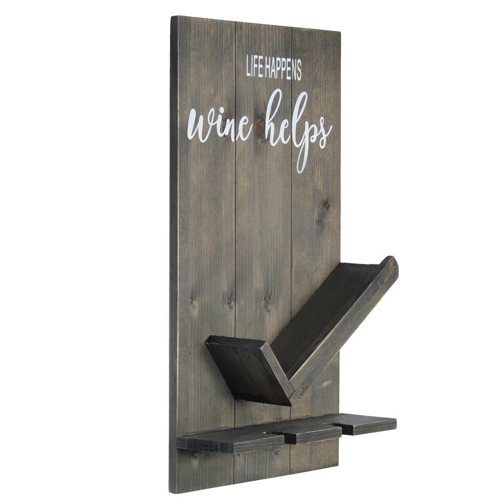 Lucca Wall Mounted Wooden Wine Bottle Shelf | Rustic Farmhouse Style | "Life Happens Wine Helps"