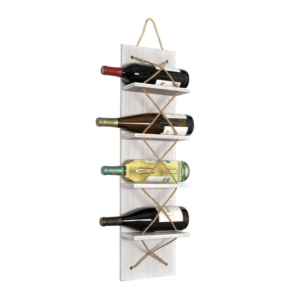 Positano Nautical Rope 4 Bottle Vertical Wall Mounted Wood Wine Rack, White Wash - Stylish & Space-Saving Wine Storage