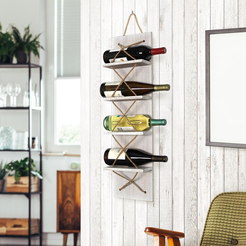 Positano Nautical Rope 4 Bottle Vertical Wall Mounted Wood Wine Rack, White Wash - Stylish & Space-Saving Wine Storage