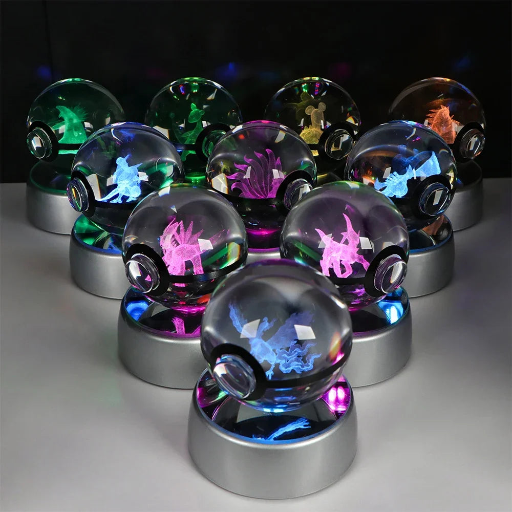 3D Pokemon Crystal Ball Night Light with LED Base – Pikachu, Gengar, Eevee, Mewtwo