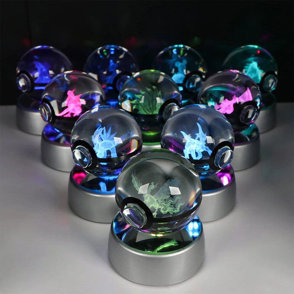 3D Pokemon Crystal Ball Night Light with LED Base – Pikachu, Gengar, Eevee, Mewtwo