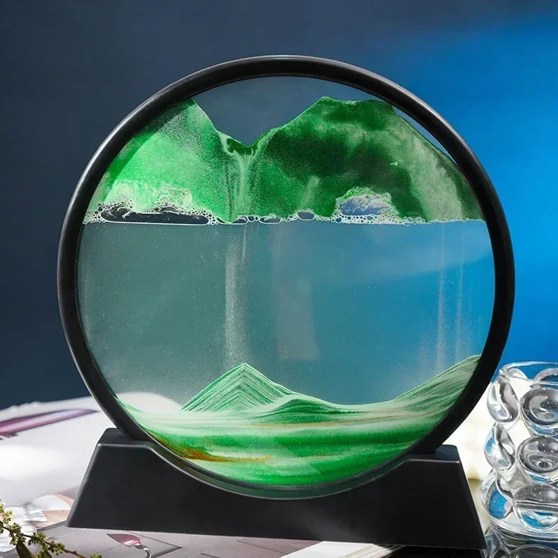 3D Moving Sand Art Picture - Round Glass Deep Sea Sandscape Hourglass for Home & Office Decor