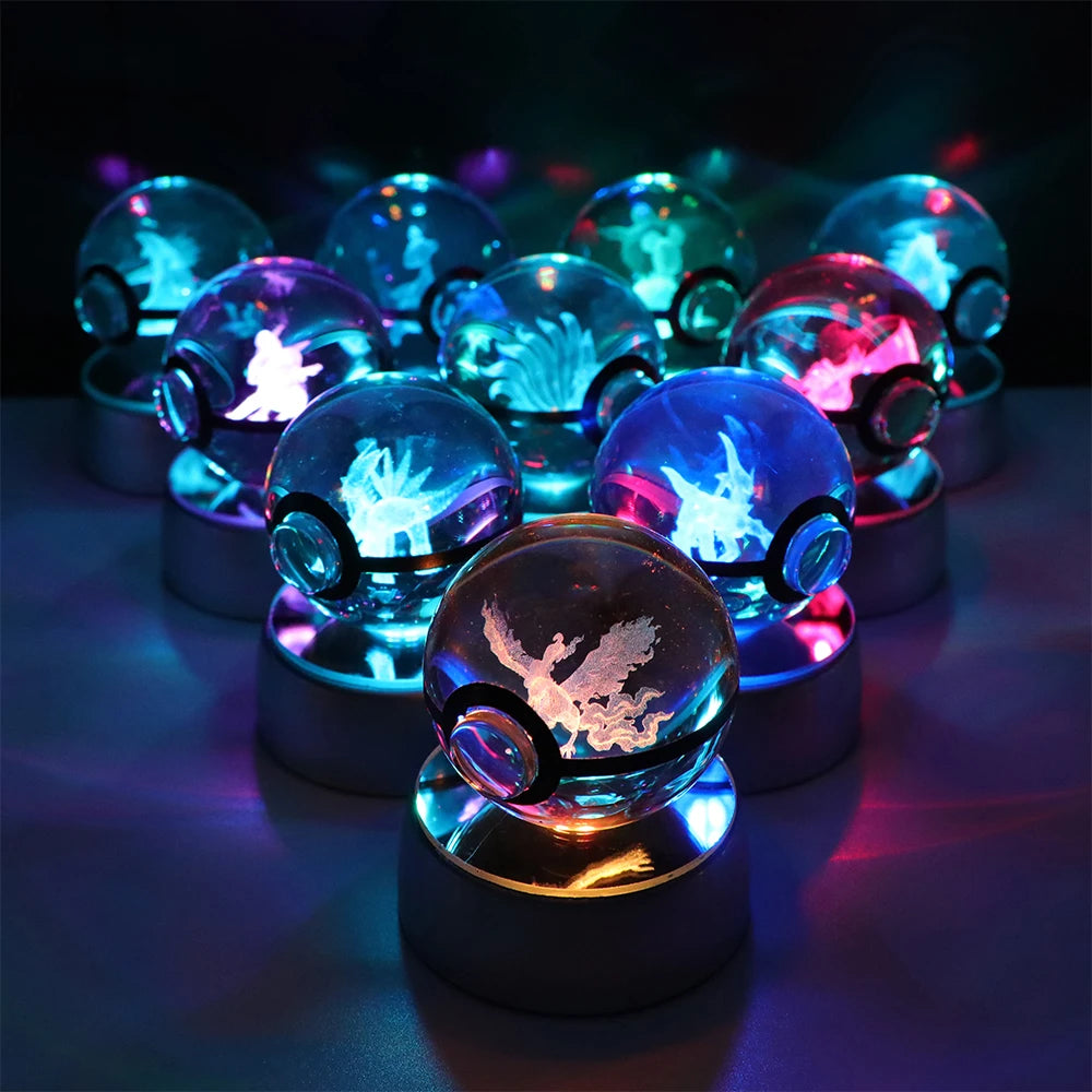 3D Pokemon Crystal Ball Night Light with LED Base – Pikachu, Gengar, Eevee, Mewtwo