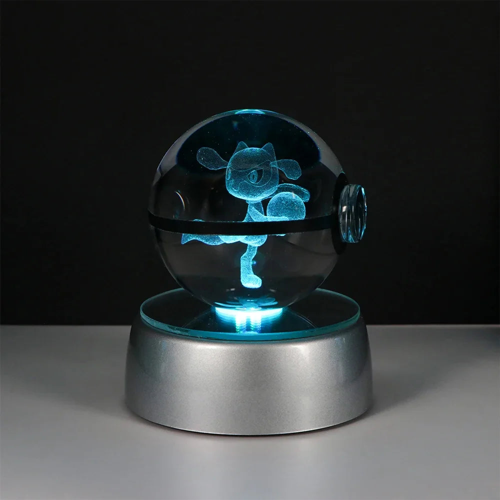 3D Pokemon Crystal Ball Night Light with LED Base – Pikachu, Gengar, Eevee, Mewtwo