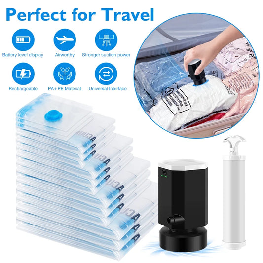 Vacuum Storage Bags with Rechargeable Air Pump - Space Saver Bags for Clothes and Travel