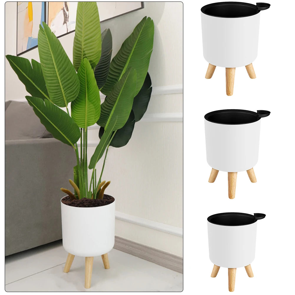 Modern Self-Watering Floor-Standing Round Planter with Wooden Legs – Drainage System for Indoor Plants, Herbs, and Bonsai