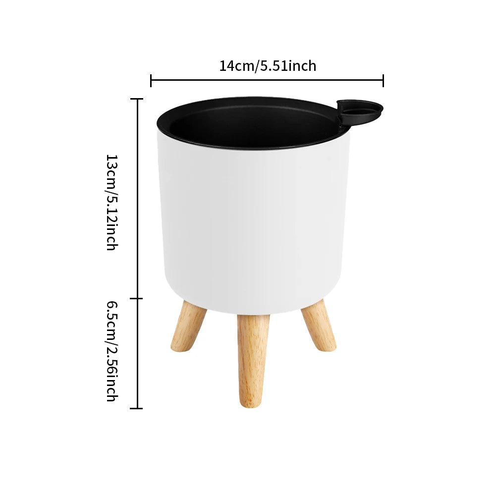 Modern Self-Watering Floor-Standing Round Planter with Wooden Legs – Drainage System for Indoor Plants, Herbs, and Bonsai