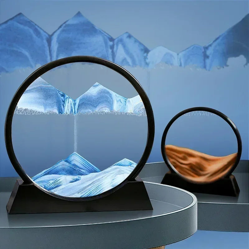 3D Moving Sand Art Picture - Round Glass Deep Sea Sandscape Hourglass for Home & Office Decor