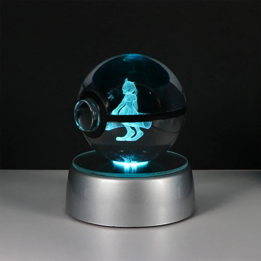 3D Pokemon Crystal Ball Night Light with LED Base – Pikachu, Gengar, Eevee, Mewtwo