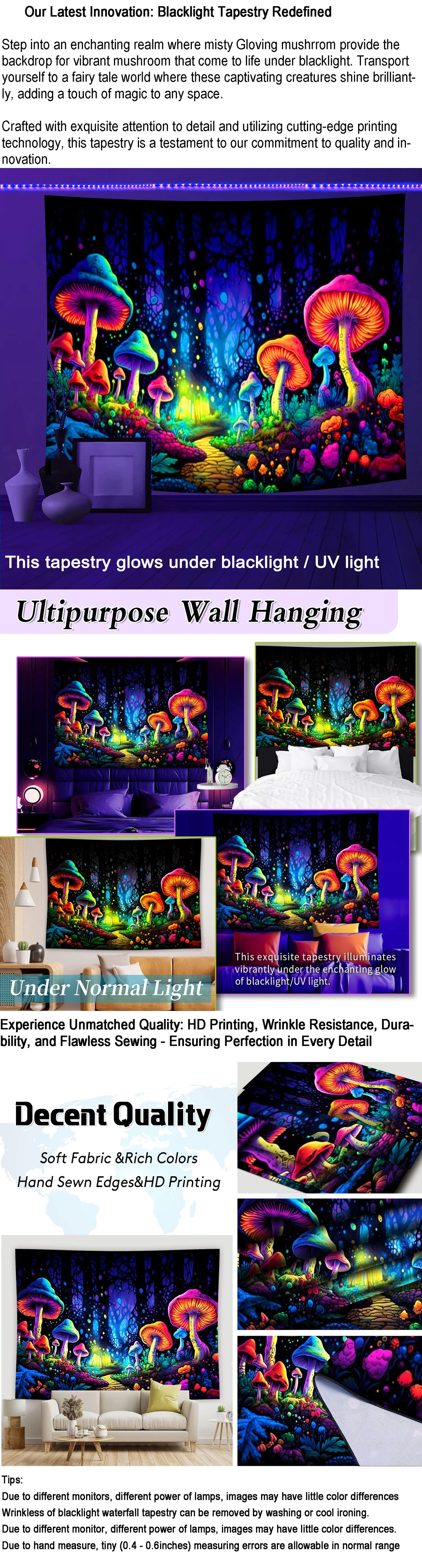 Glow-in-the-Dark Neon Mushroom Forest Tapestry - Blacklight Reactive Wall Hanging for Parties and Home Décor