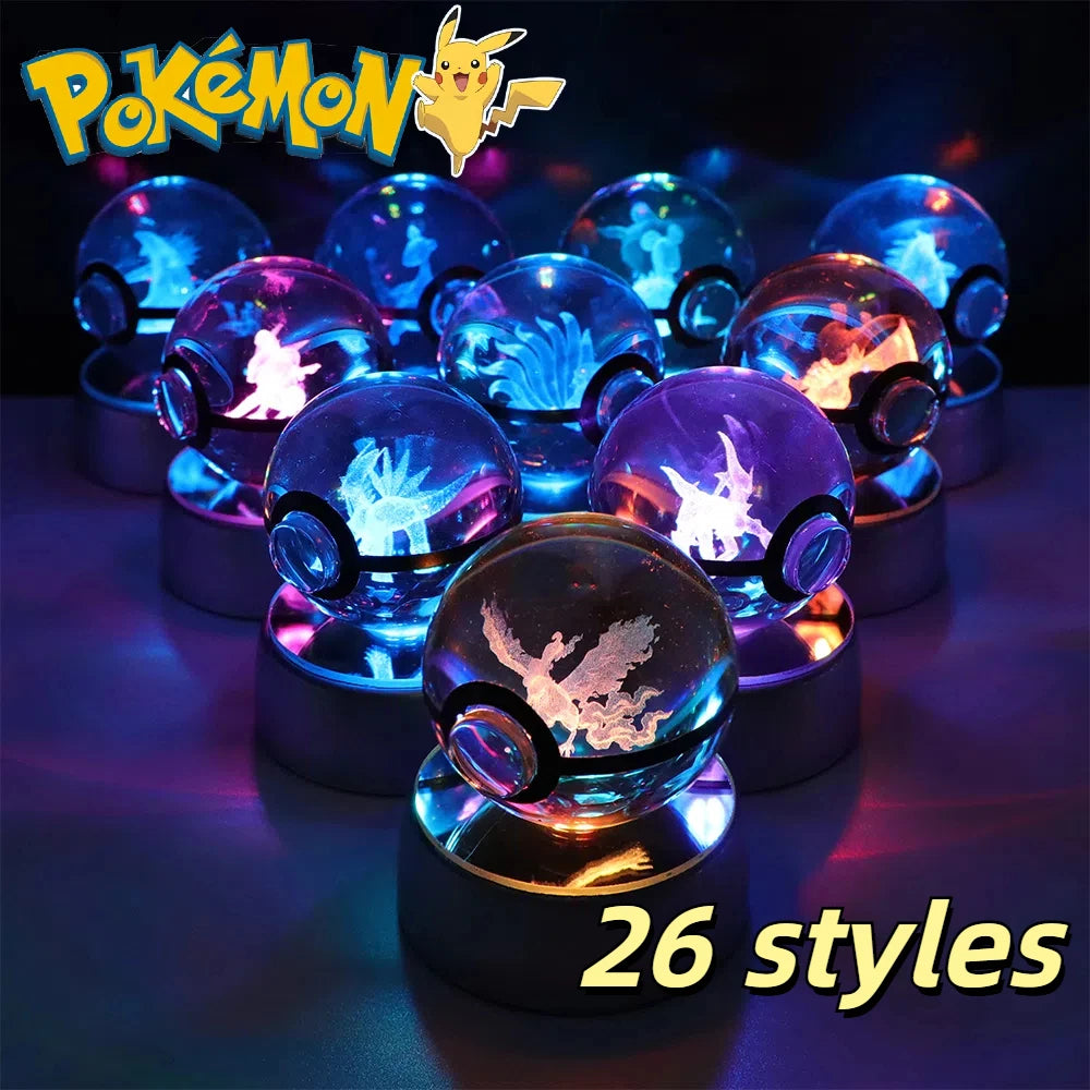 3D Pokemon Crystal Ball Night Light with LED Base – Pikachu, Gengar, Eevee, Mewtwo