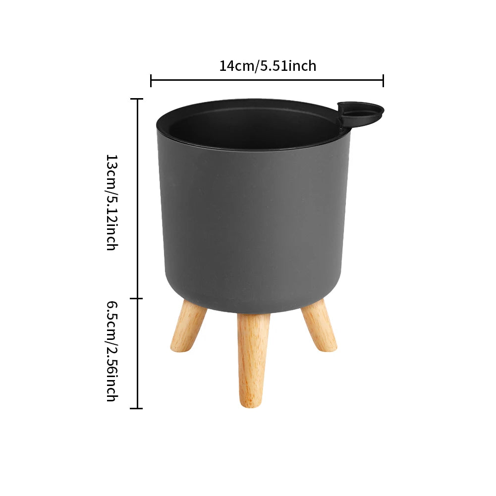 Modern Self-Watering Floor-Standing Round Planter with Wooden Legs – Drainage System for Indoor Plants, Herbs, and Bonsai