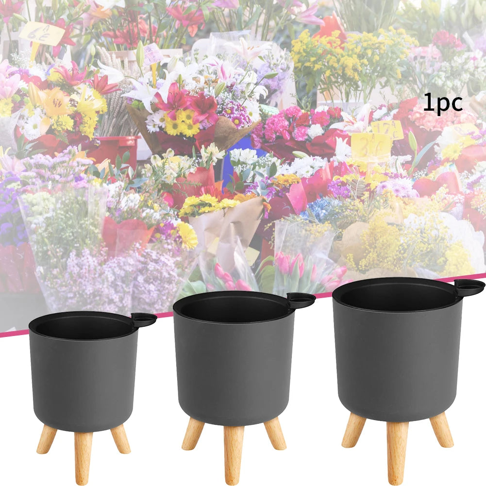 Modern Self-Watering Floor-Standing Round Planter with Wooden Legs – Drainage System for Indoor Plants, Herbs, and Bonsai