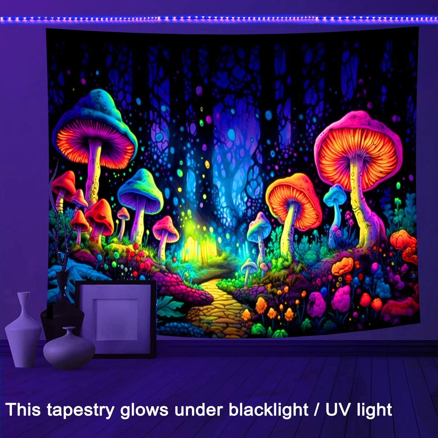 Glow-in-the-Dark Neon Mushroom Forest Tapestry - Blacklight Reactive Wall Hanging for Parties and Home Décor