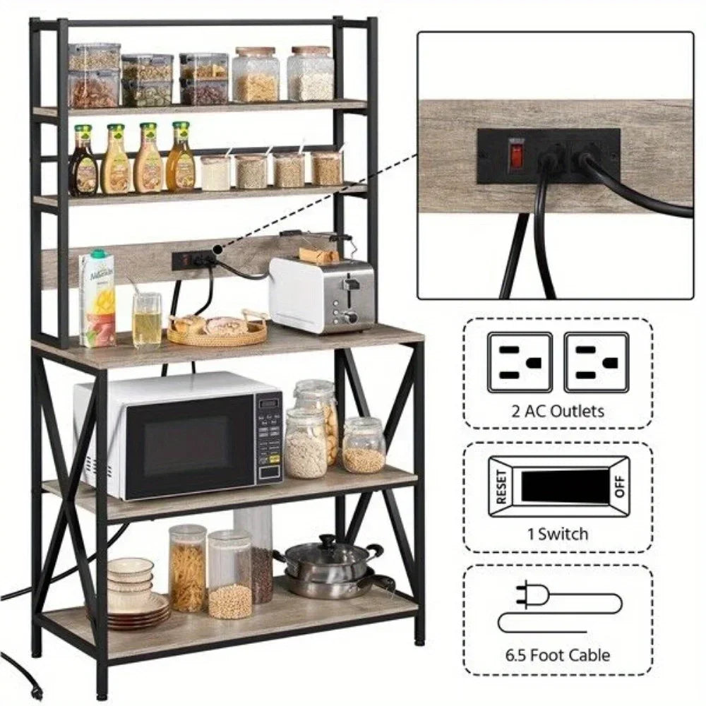 Kitchen Baker’s Rack with Power Outlet - 5-Tier Microwave Stand with Shelves & Coffee Bar