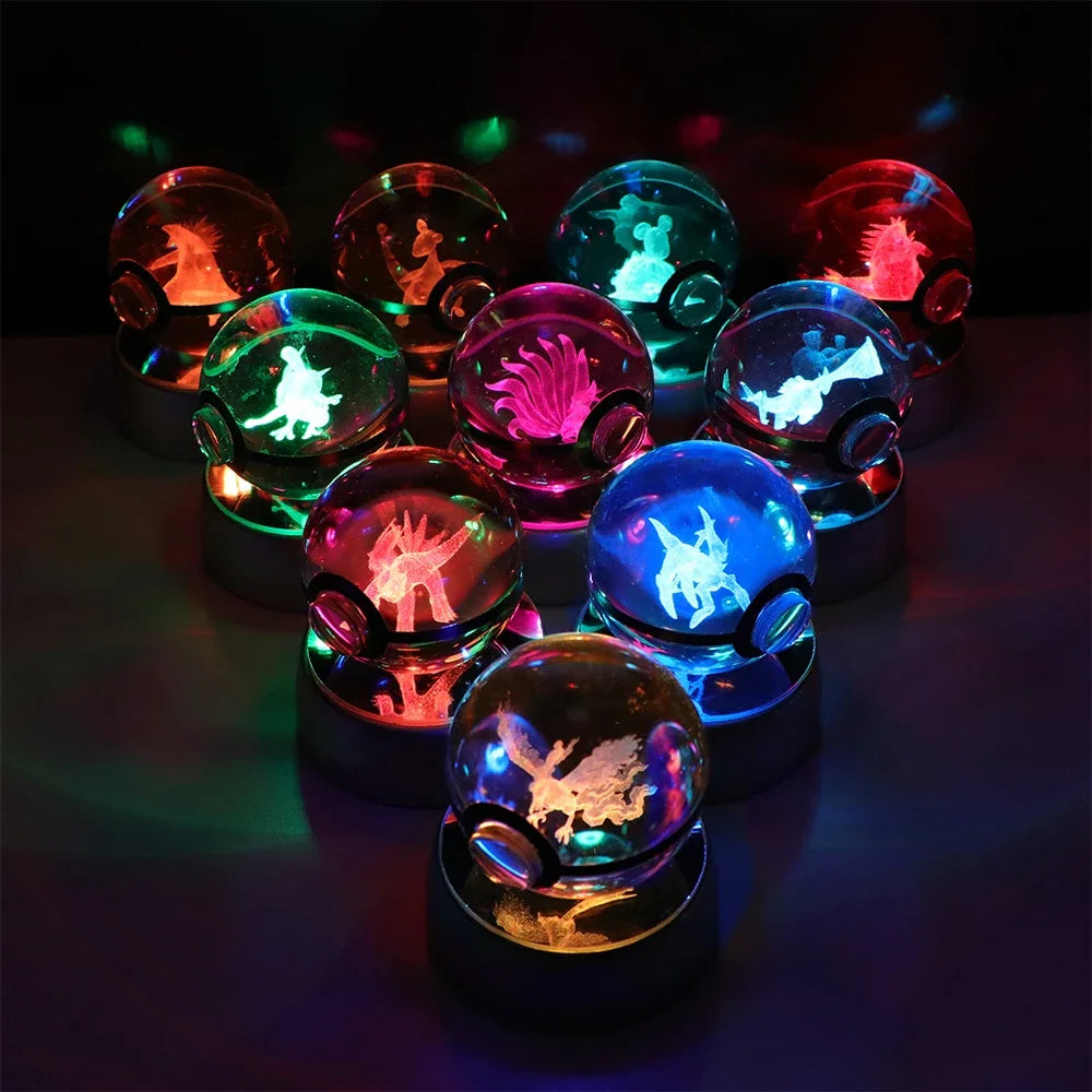 3D Pokemon Crystal Ball Night Light with LED Base – Pikachu, Gengar, Eevee, Mewtwo