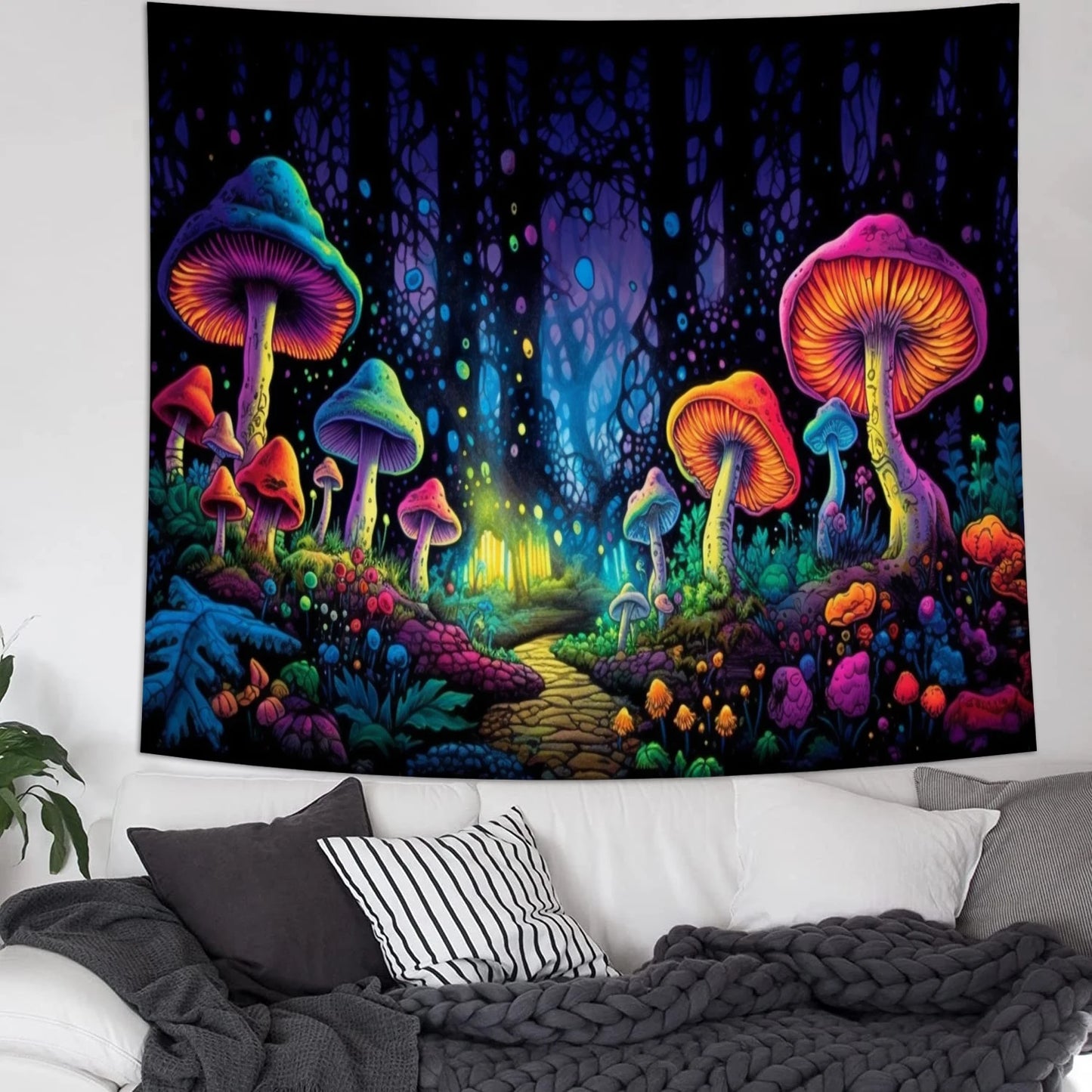 Glow-in-the-Dark Neon Mushroom Forest Tapestry - Blacklight Reactive Wall Hanging for Parties and Home Décor