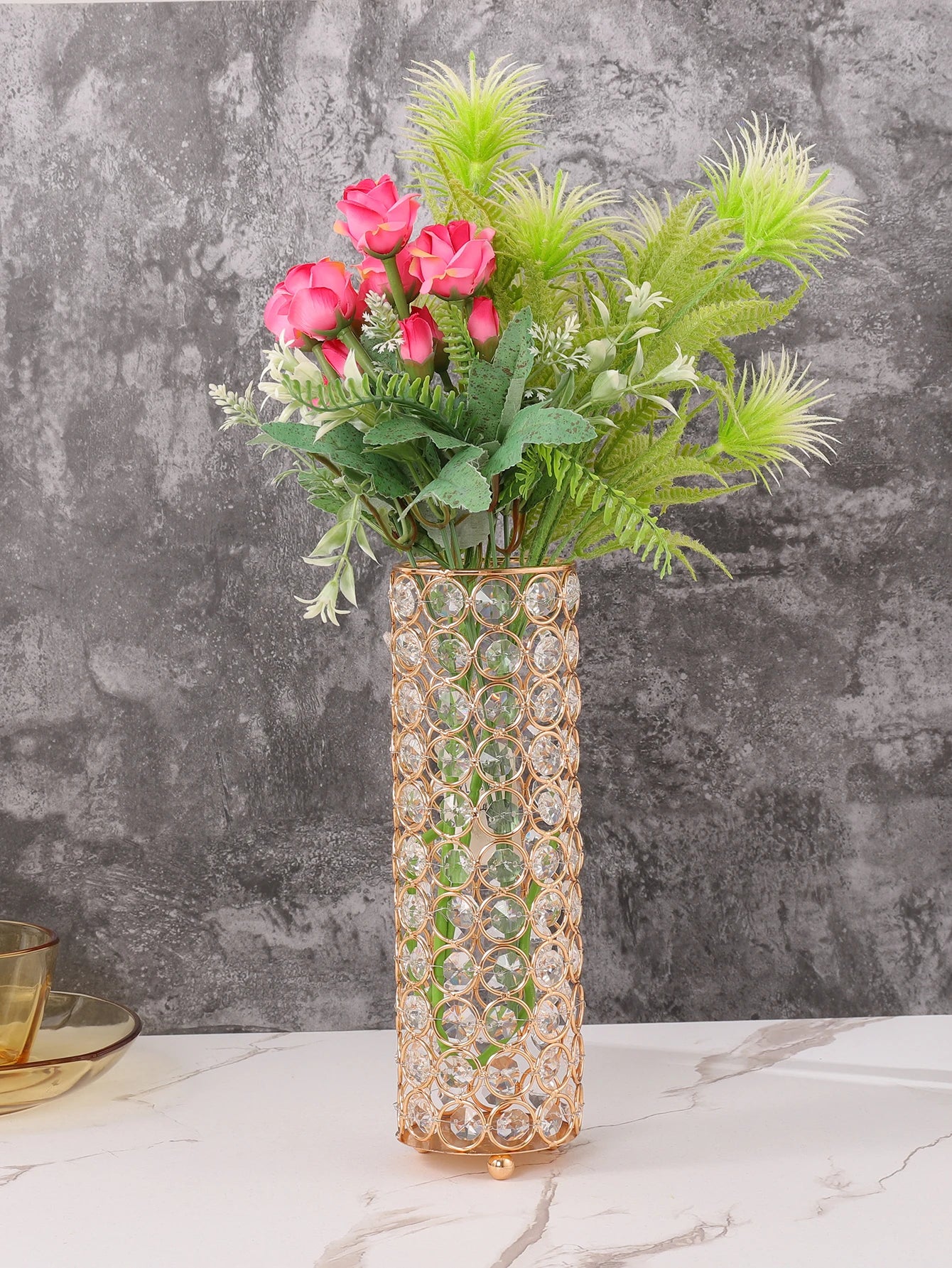 Elegant Crystal Gold Flower Vase - Centerpiece for Dining Table and Home Décor