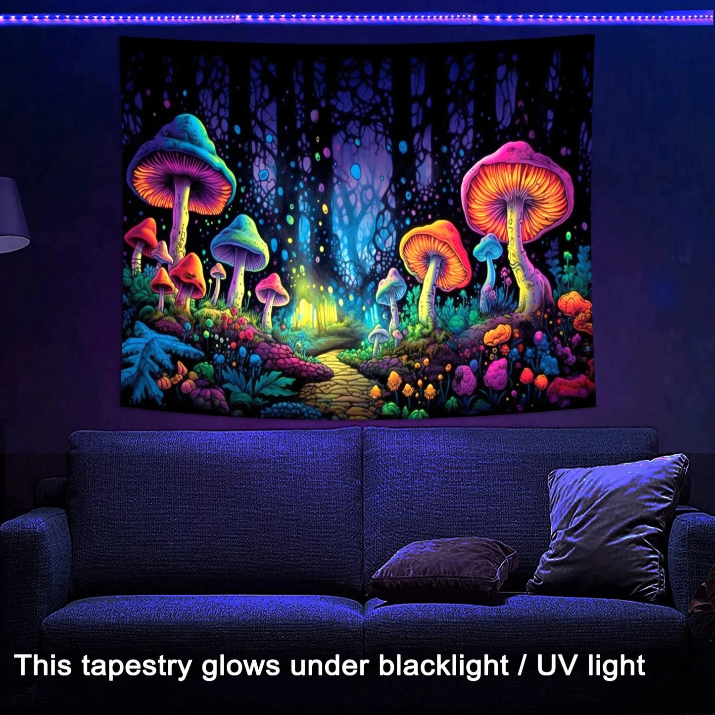 Glow-in-the-Dark Neon Mushroom Forest Tapestry - Blacklight Reactive Wall Hanging for Parties and Home Décor