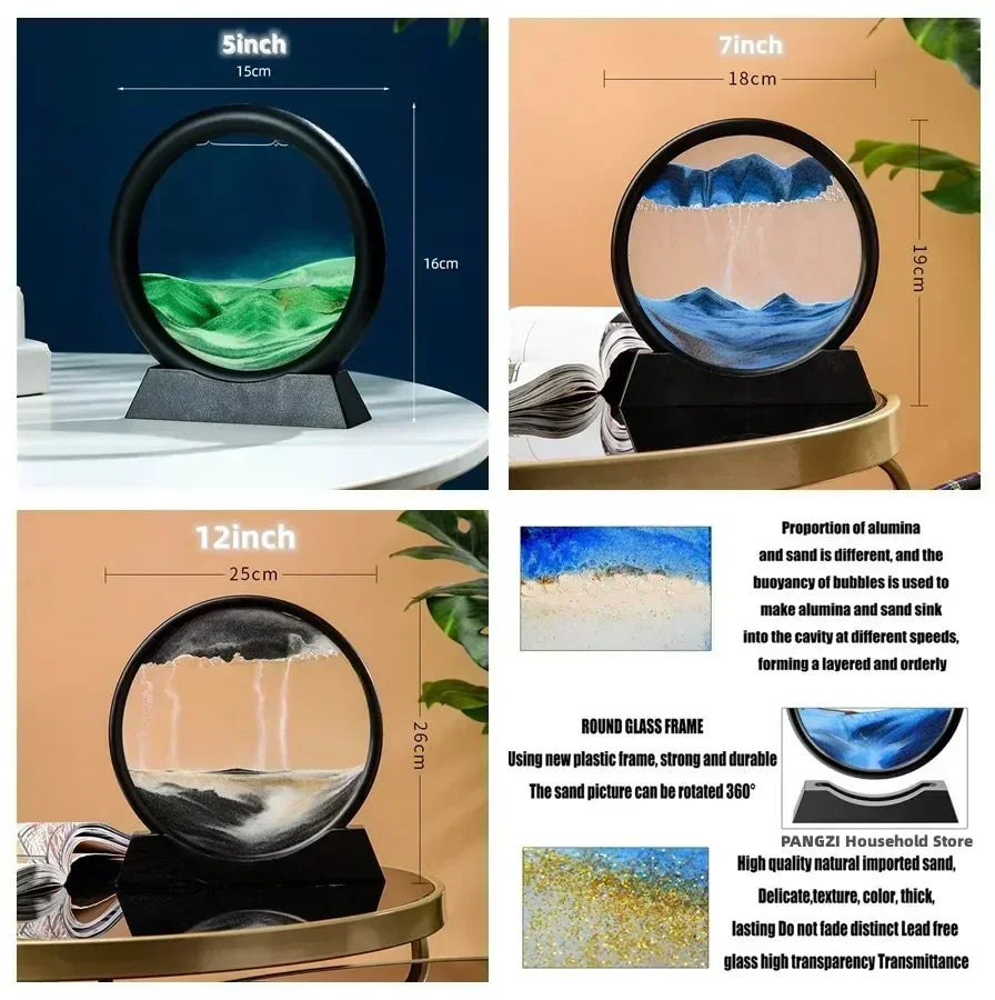 3D Moving Sand Art Picture - Round Glass Deep Sea Sandscape Hourglass for Home & Office Decor