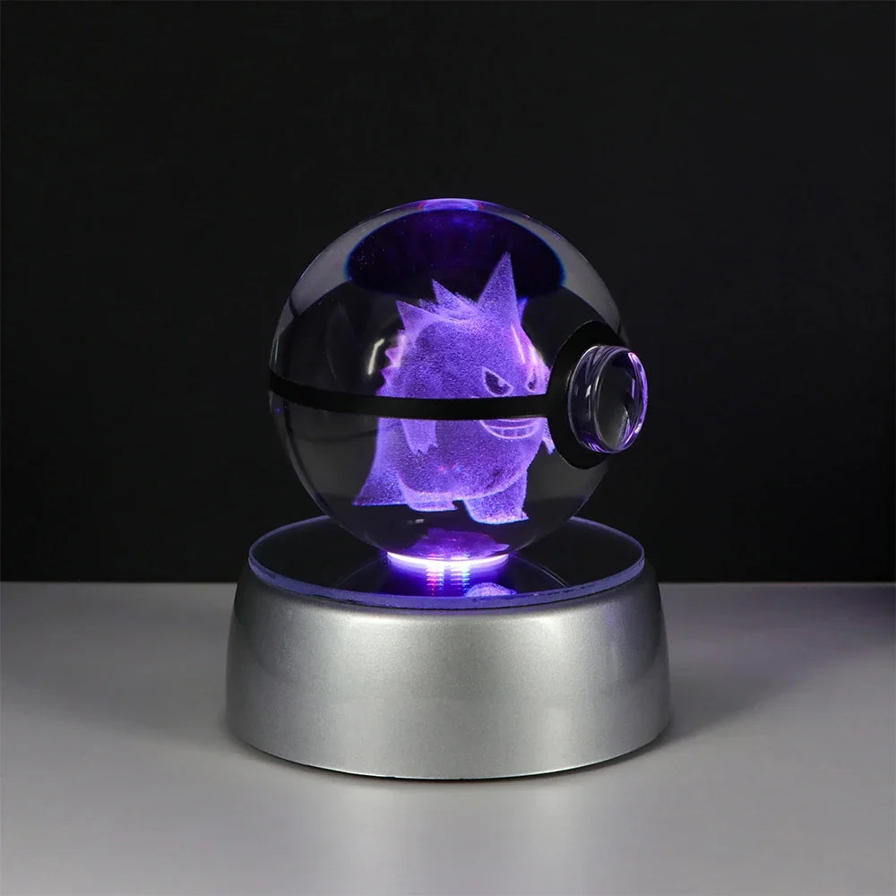 3D Pokemon Crystal Ball Night Light with LED Base – Pikachu, Gengar, Eevee, Mewtwo