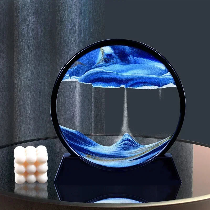 3D Moving Sand Art Picture - Round Glass Deep Sea Sandscape Hourglass for Home & Office Decor