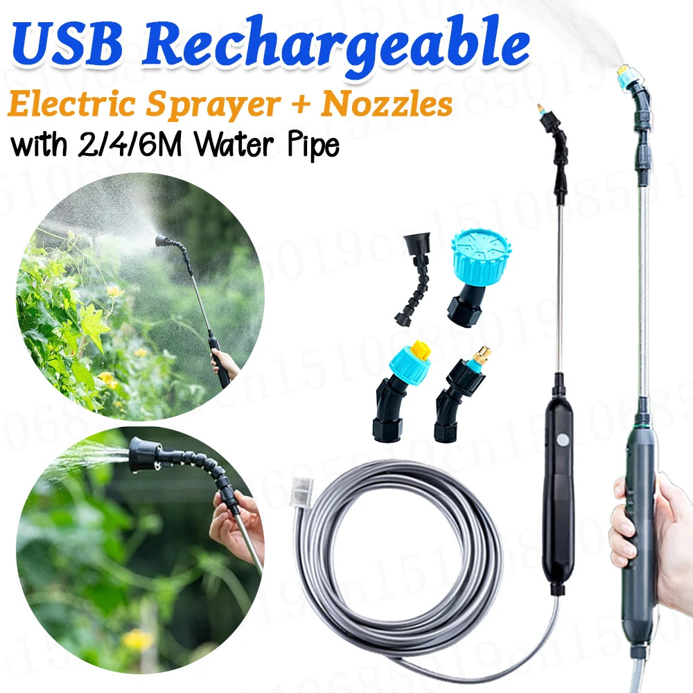 Portable USB Rechargeable Electric Gardening Sprayer - 2/4/6M Water Pipe with 2/4 Nozzles