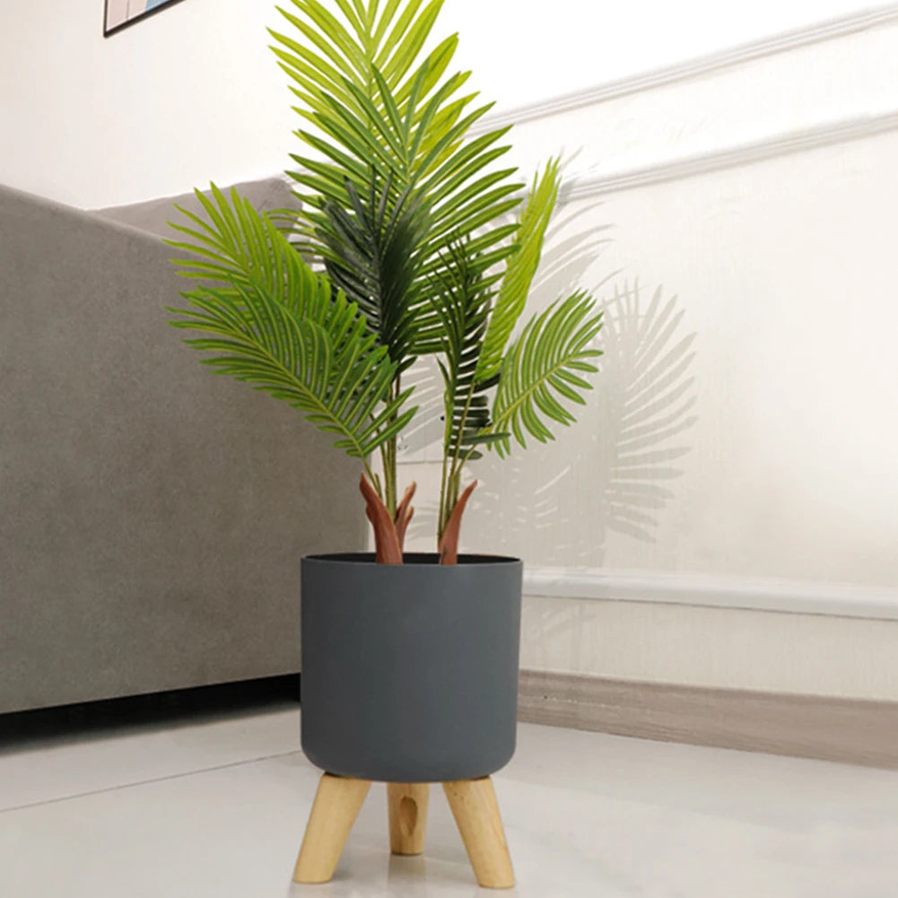 Modern Self-Watering Floor-Standing Round Planter with Wooden Legs – Drainage System for Indoor Plants, Herbs, and Bonsai