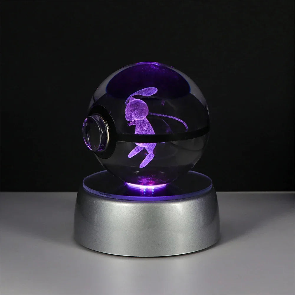 3D Pokemon Crystal Ball Night Light with LED Base – Pikachu, Gengar, Eevee, Mewtwo