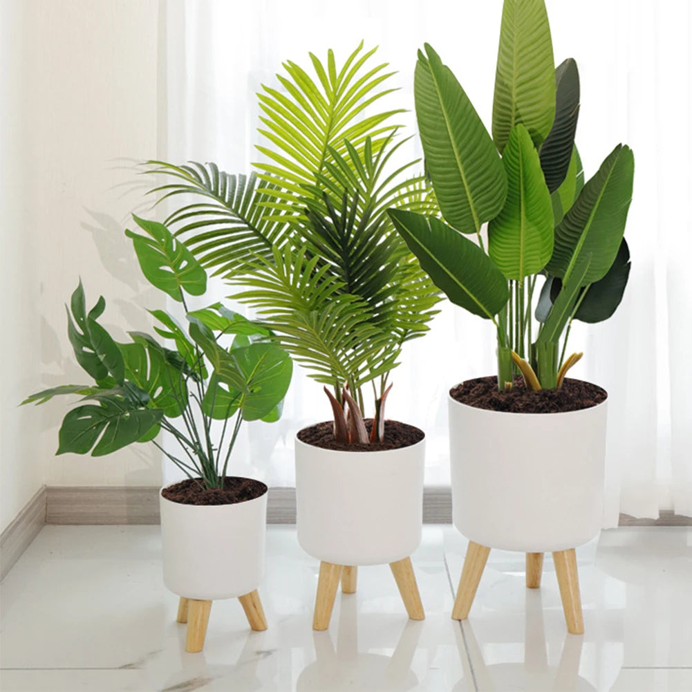 Modern Self-Watering Floor-Standing Round Planter with Wooden Legs – Drainage System for Indoor Plants, Herbs, and Bonsai