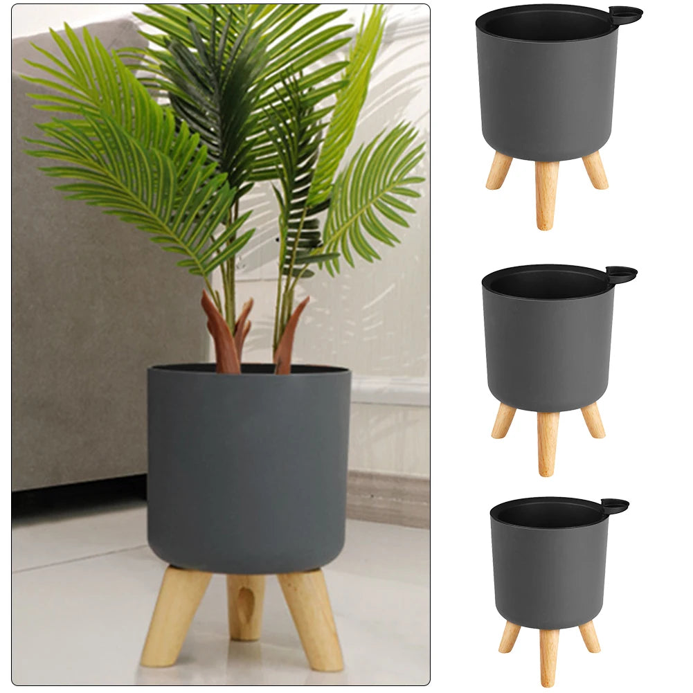 Modern Self-Watering Floor-Standing Round Planter with Wooden Legs – Drainage System for Indoor Plants, Herbs, and Bonsai