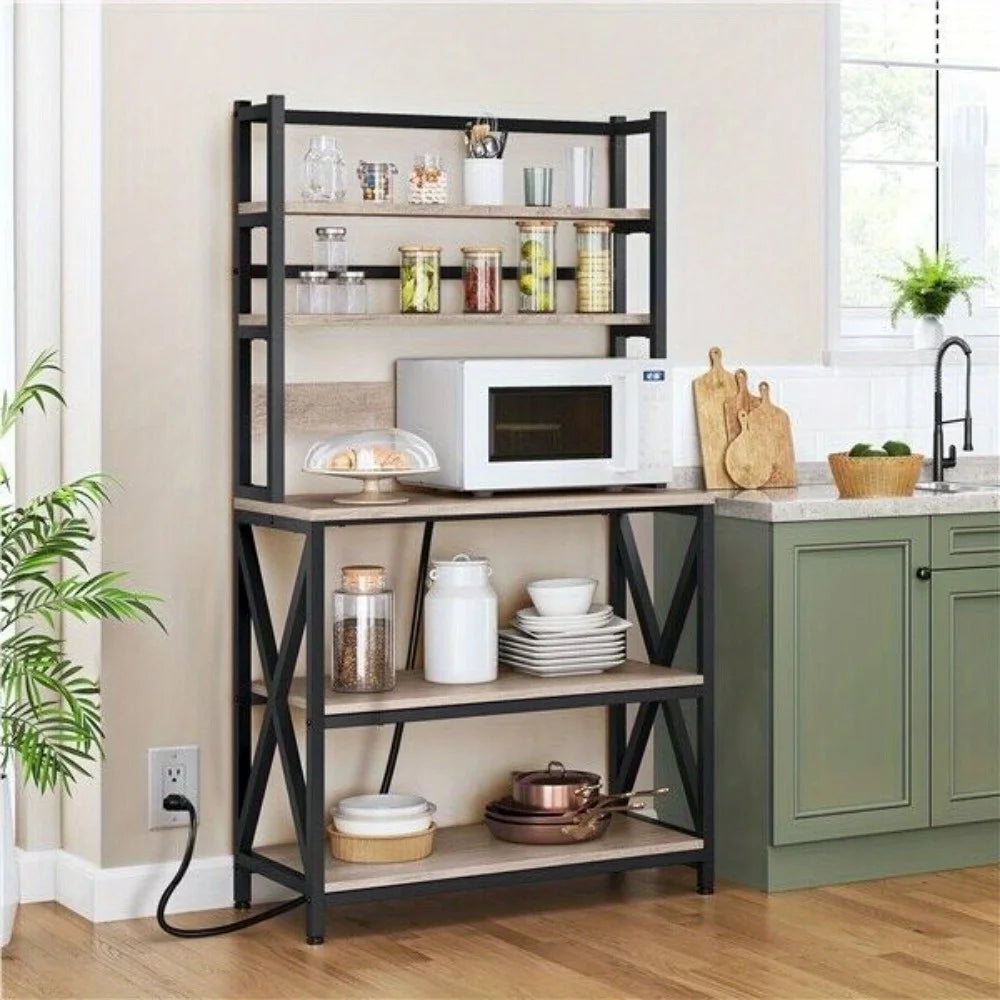 Kitchen Baker’s Rack with Power Outlet - 5-Tier Microwave Stand with Shelves & Coffee Bar