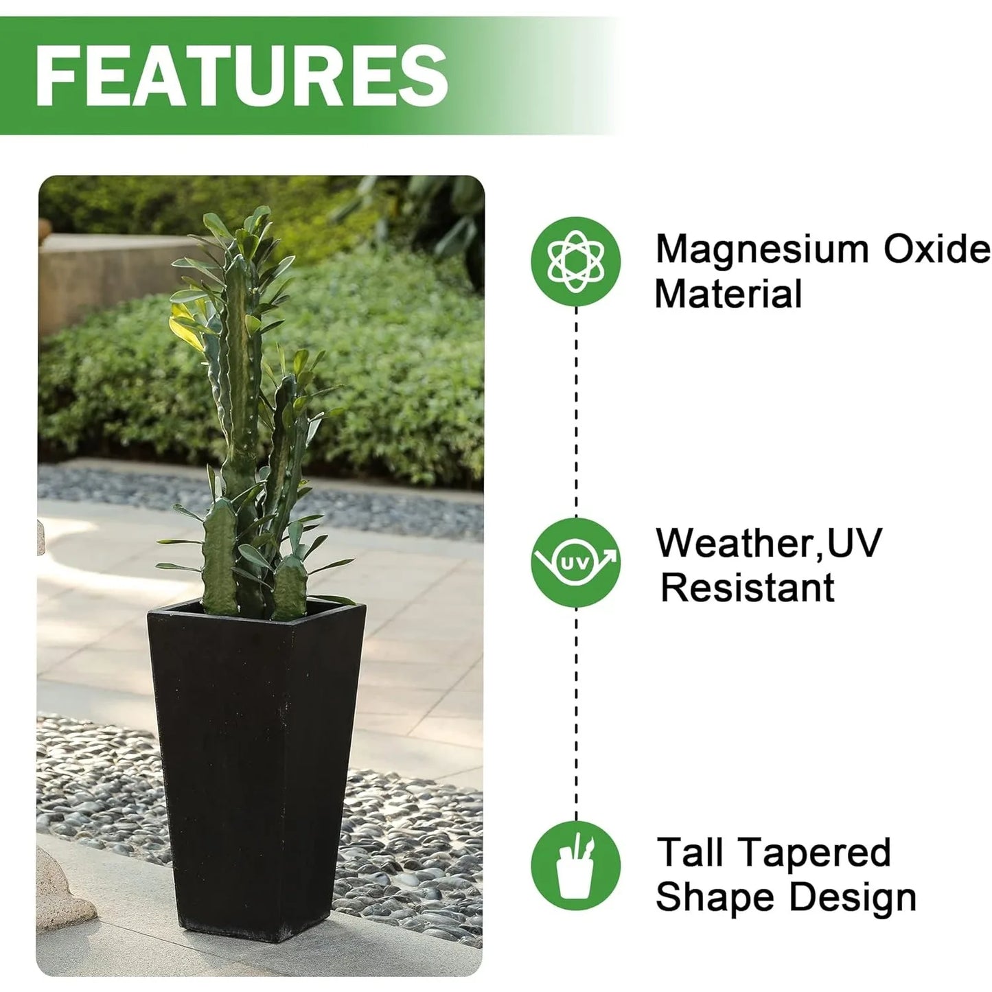 Tall Black Tapered Planters for Indoor and Outdoor Use, 18.5"