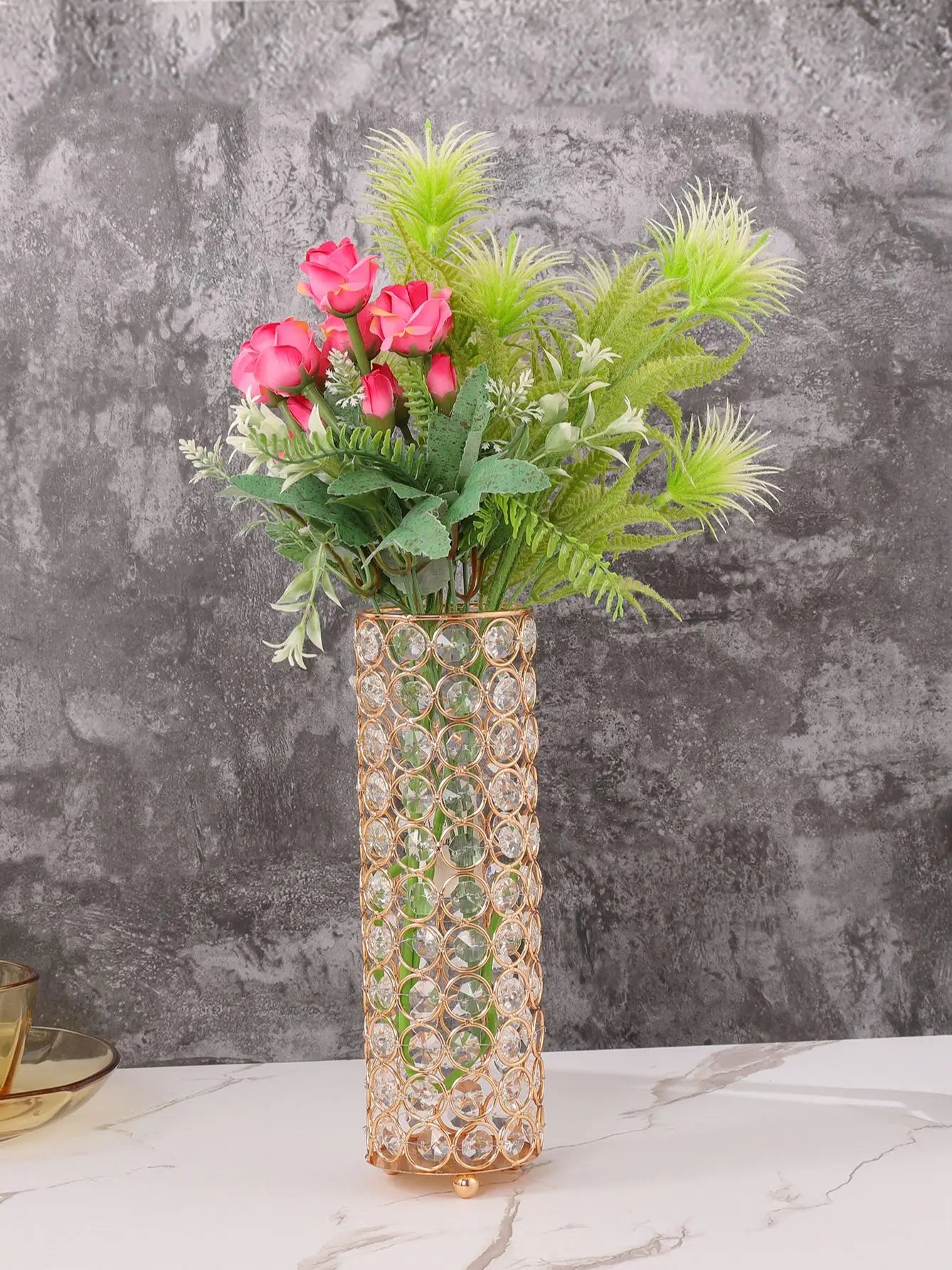 Elegant Crystal Gold Flower Vase - Centerpiece for Dining Table and Home Décor